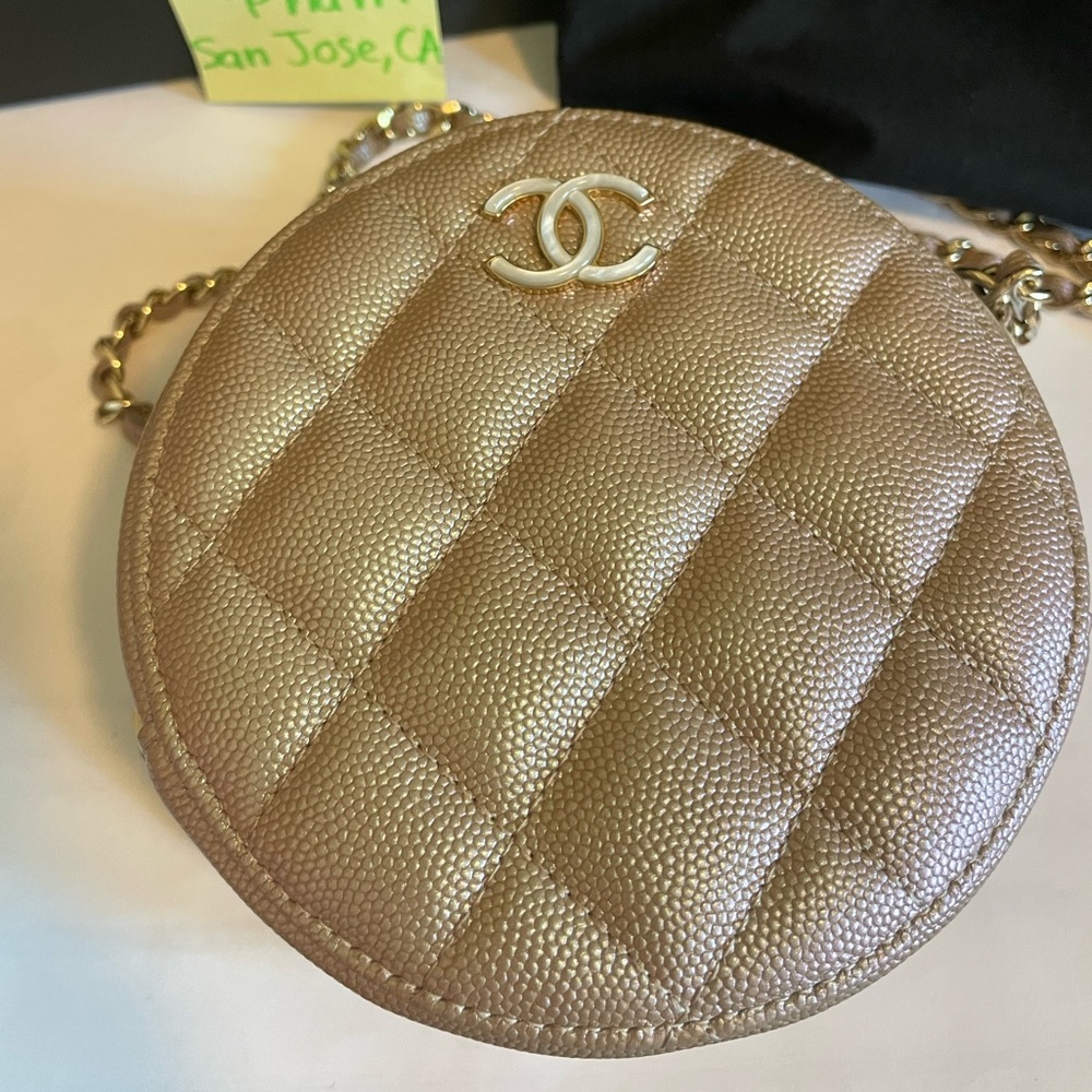 ❌SOLD❌CHANEL 19S Iridescent Beige Round Clutch in Caviar